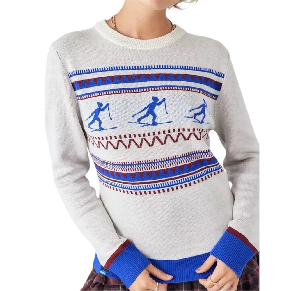 Kavu Hillrose Women's White and Blue Retro Ski Patterned Sweater XL NWT